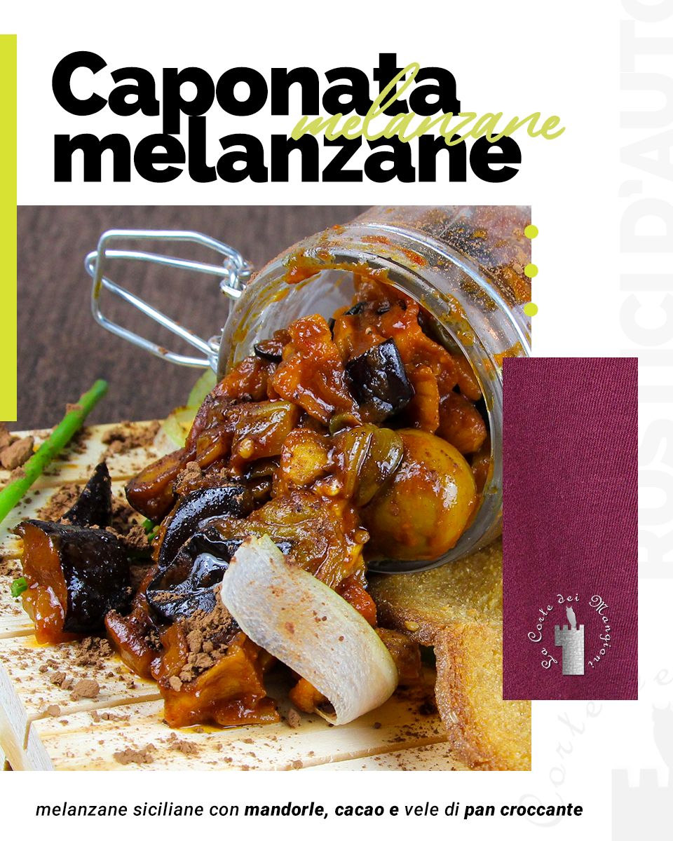 Caponata di melanzane siciliane con mandorle, cacao e vele di pan croccante.